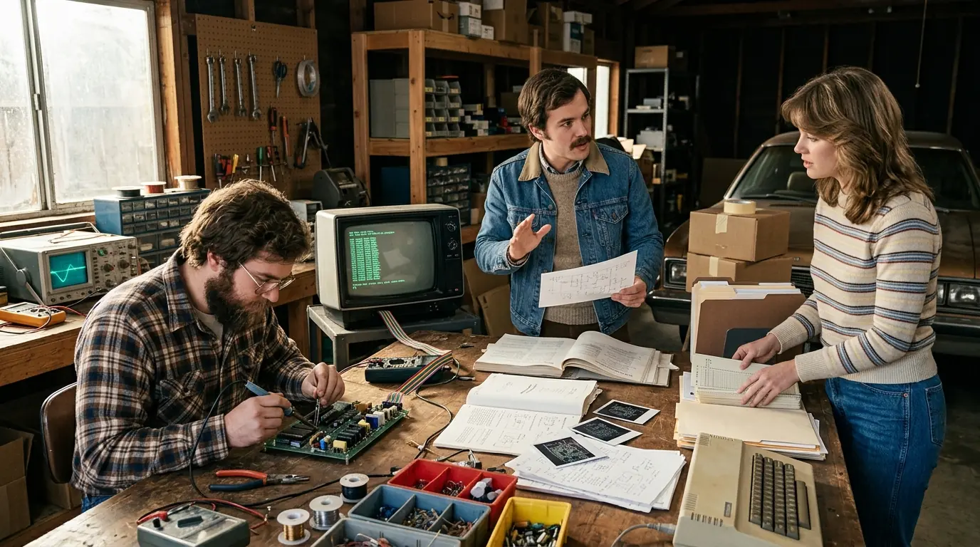 Trois jeunes fondateurs Apple au travail dans un garage avec un ordinateur