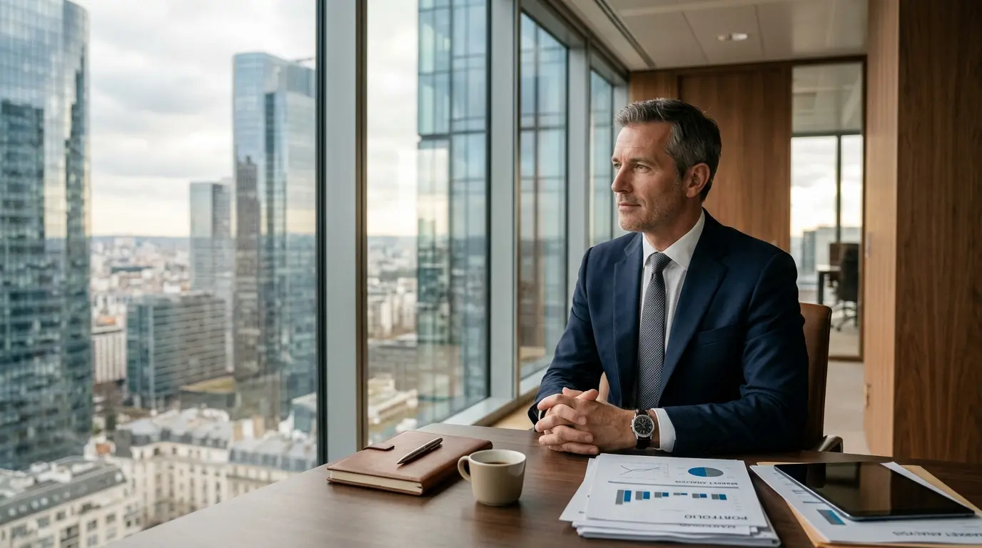 Couverture d'article sur apax partners, montrant un cadre moderne avec un dirigeant confiant et une ambiance d'investissement.