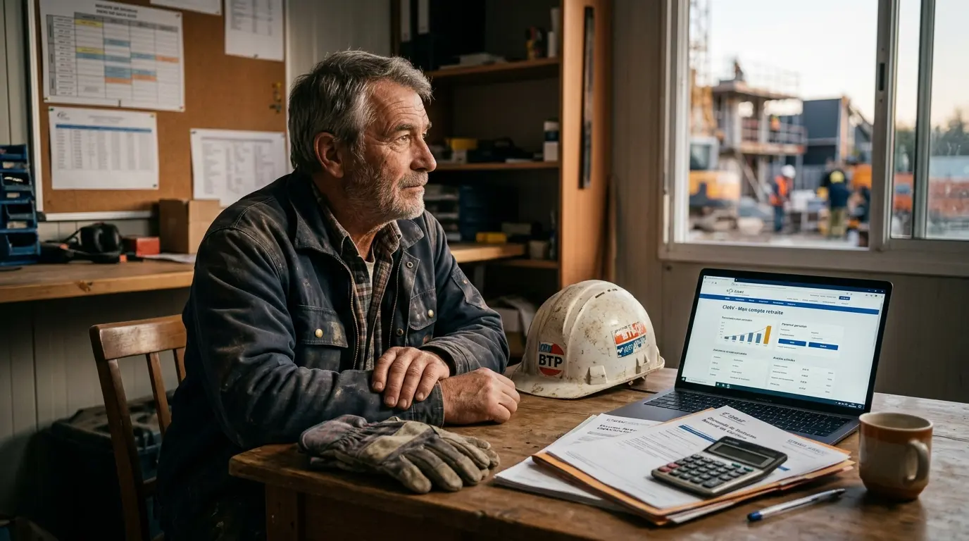 Construction worker en fin de carrière, documents de btp retraite et outils sur une table, ambiance professionnelle et chaleureuse.