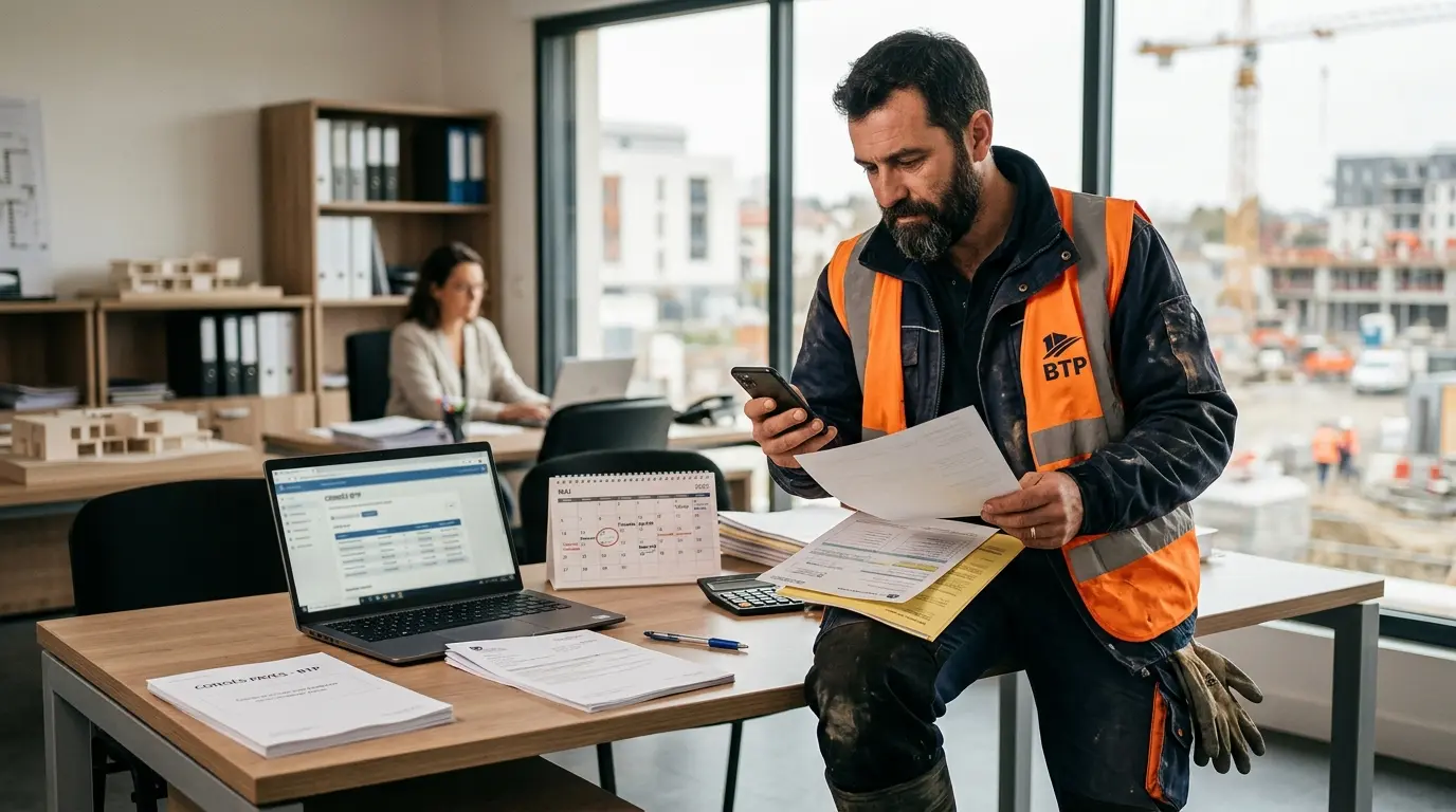 Construction worker vérifiant des documents et un smartphone près d'un bureau, illustrant la caisse du congé payé du batiment.