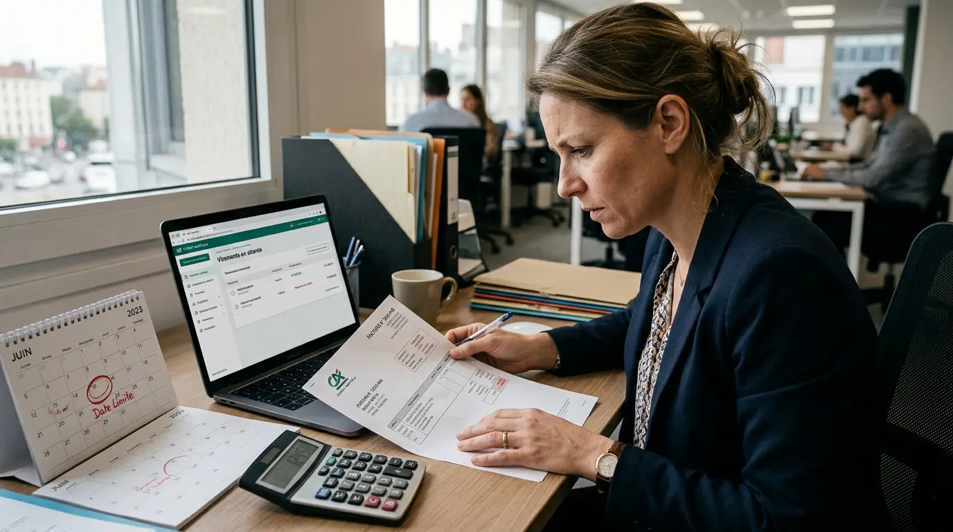 Propriétaire d'entreprise examinant une facture impayée, illustrant le calcul des intérêts moratoires dans un bureau moderne.