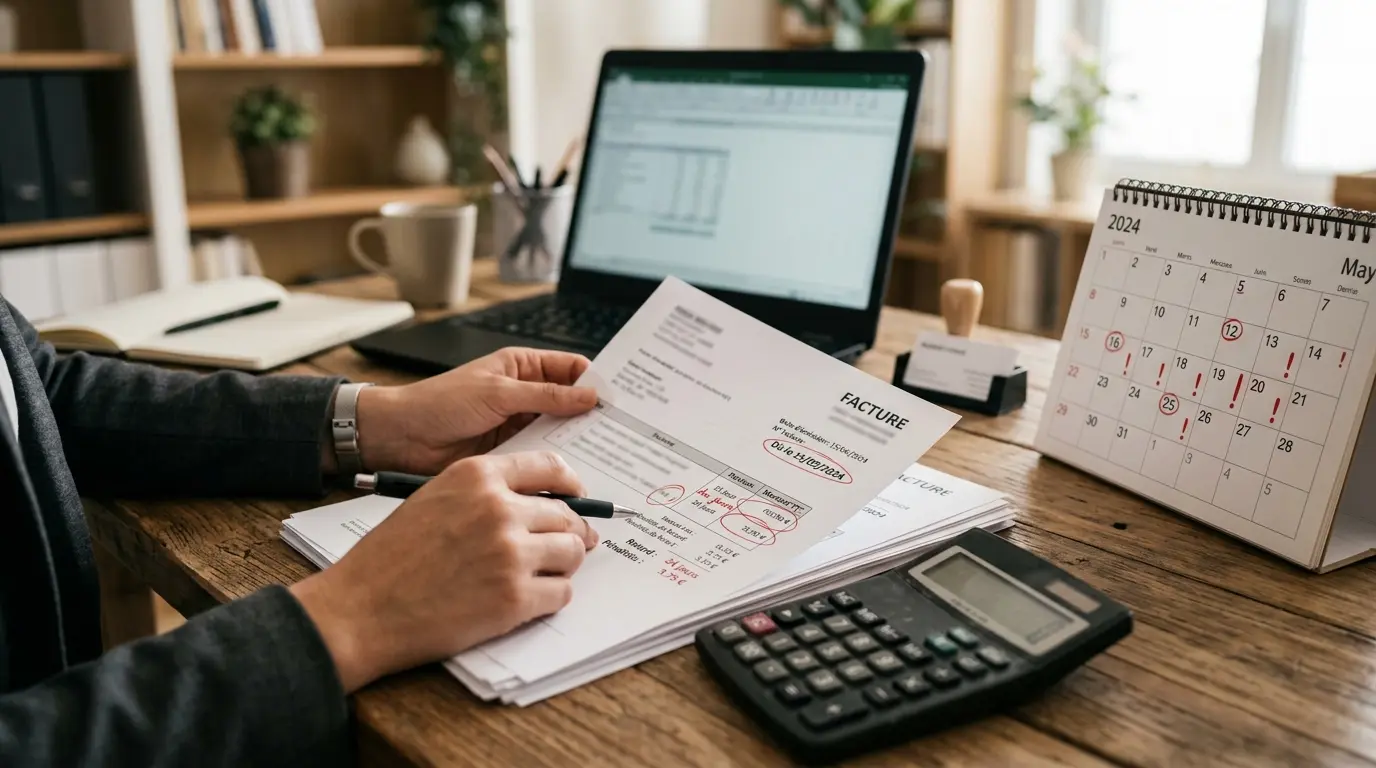 Bureau avec facture impayée, calculatrice et documents, illustrant le calcul interets moratoires dans un cadre professionnel.