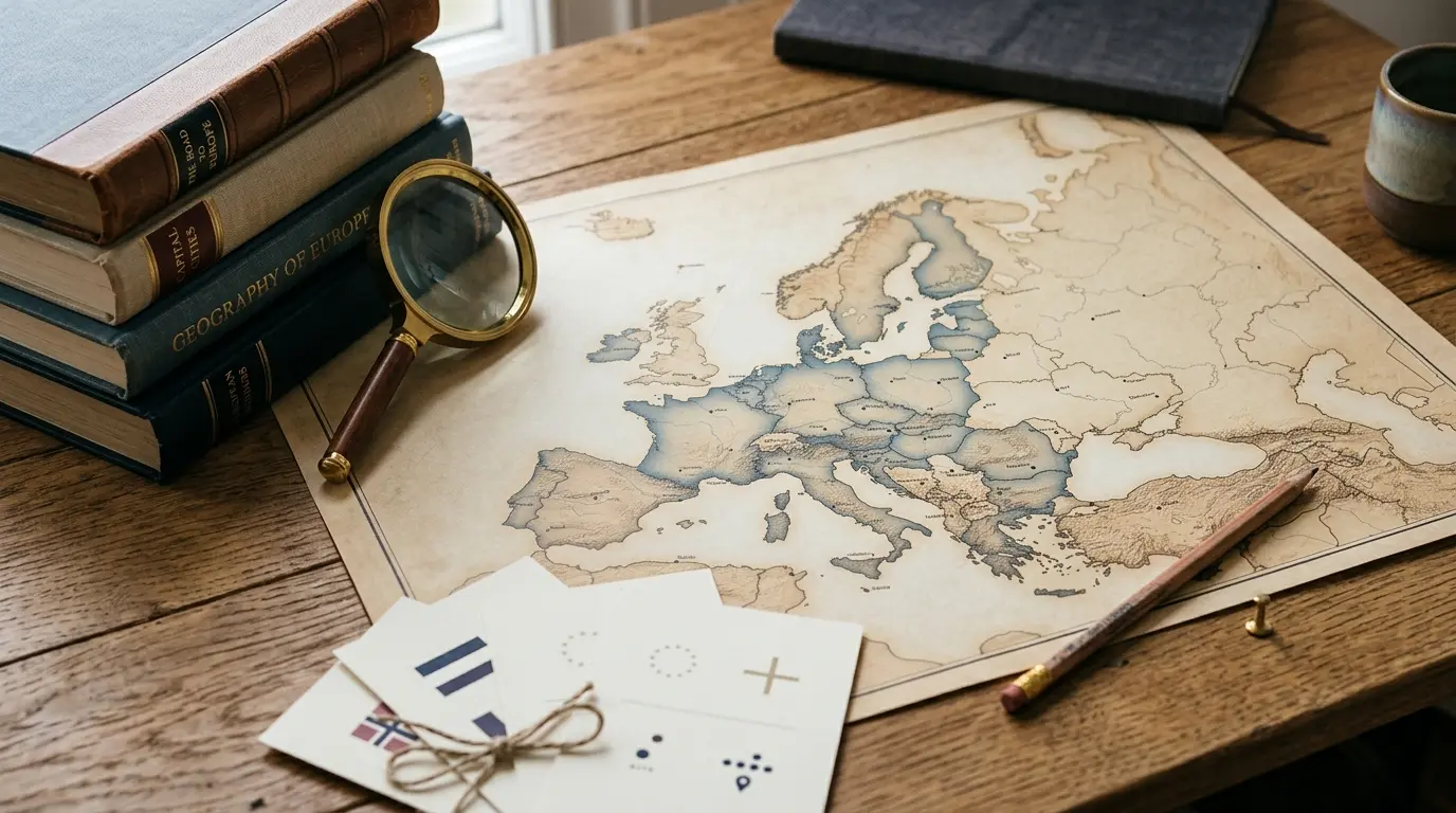 Composition élégante sur un bureau avec une carte de l'Europe, livres de voyage, et éléments symbolisant les capitales européennes.