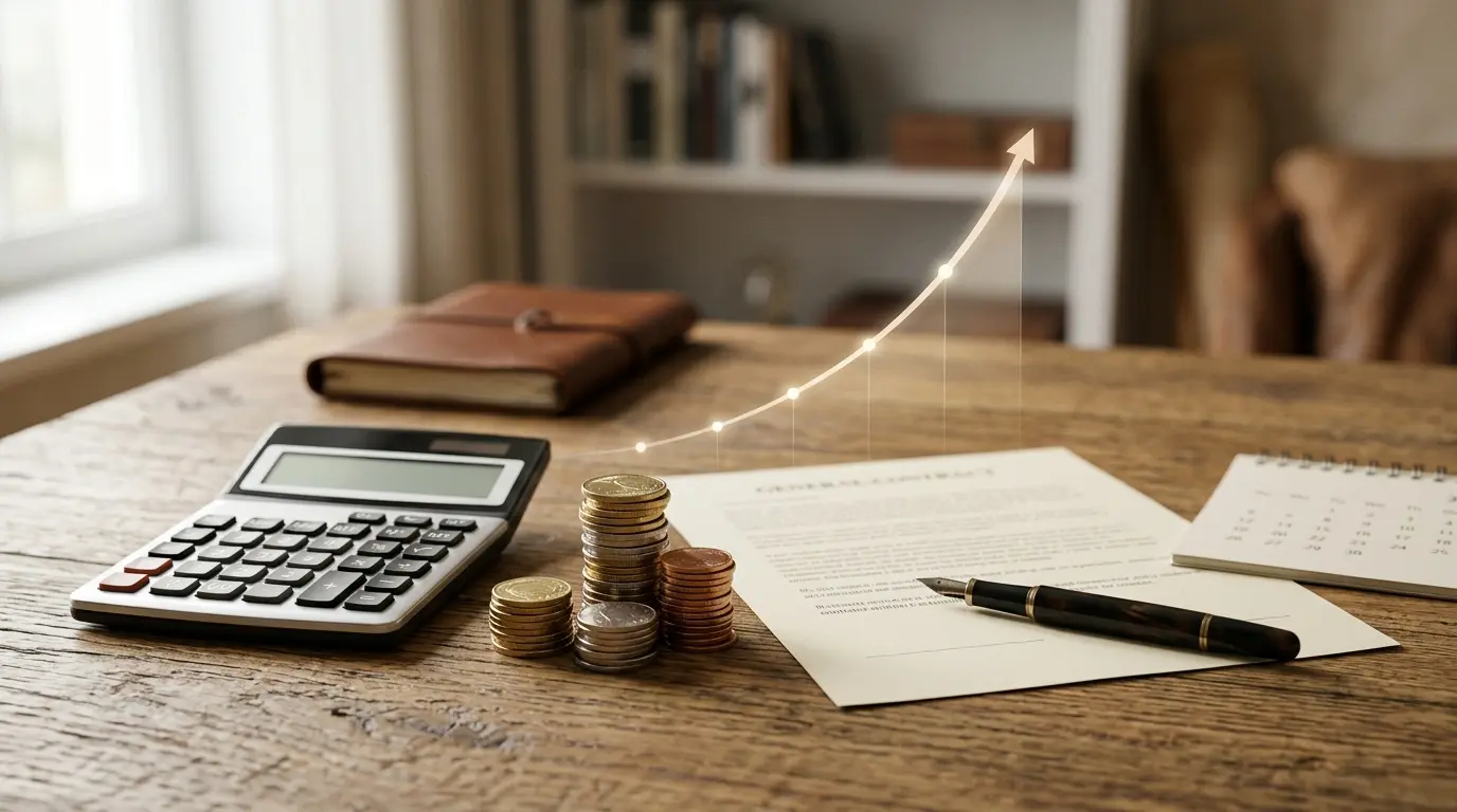 Couverture d'article sur la capitalisation des intérêts avec calculatrice, pièces, contrat et courbe de croissance.