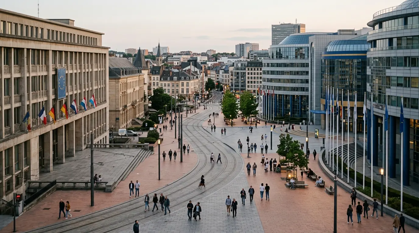 Couverture d'article sur l'histoire de l'intégration européenne, montrant un plaza moderne avec architecture inspirée de l'UE, évoquant le cee eu.