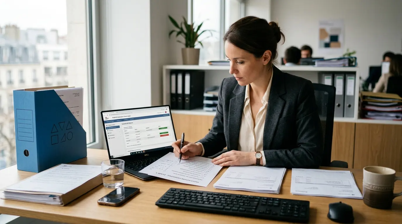 Bureau professionnel avec un ordinateur montrant le portail Chorus Pro compte et des documents pour la facturation publique.
