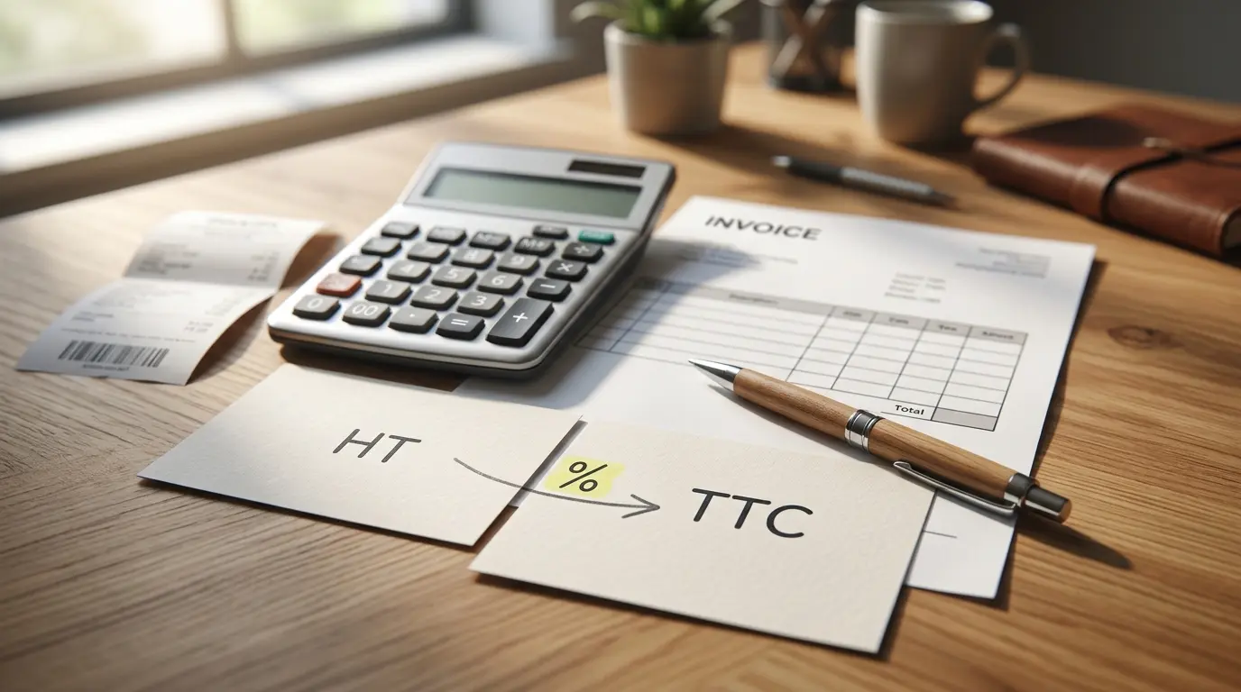 Scène de bureau avec facture, calculatrice et documents, illustrant comment calculer tva 5.5 en France.