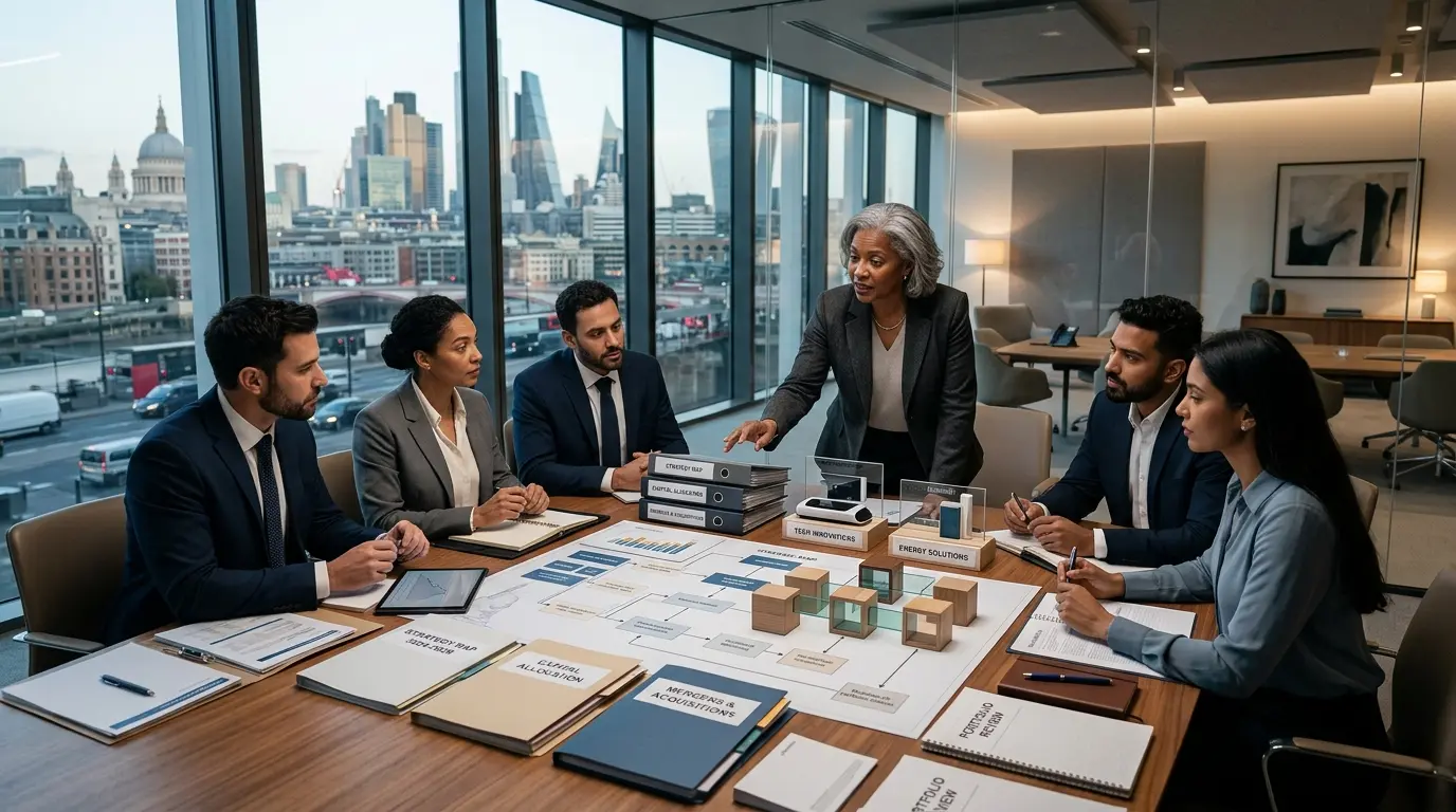 Couverture d'article montrant une équipe dirigeante en réunion sur une carte stratégique, illustrant la corporate stratégie.