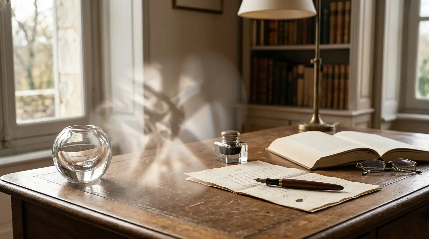 Couverture d'article illustrant la définition intangible avec un bureau élégant, livre ouvert et objets contrastés.