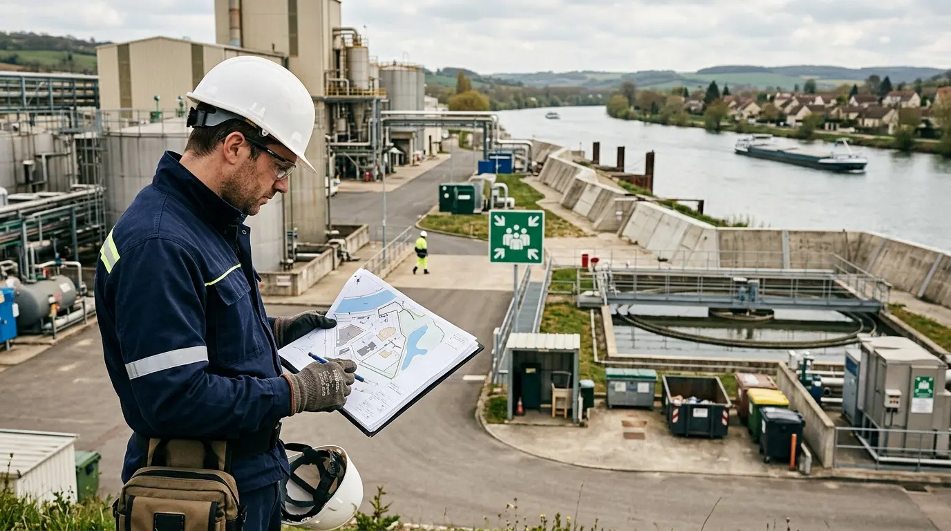 Couverture d'article sur la DGPR, montrant un site industriel moderne avec barrières anti-inondation et technicien en inspection.