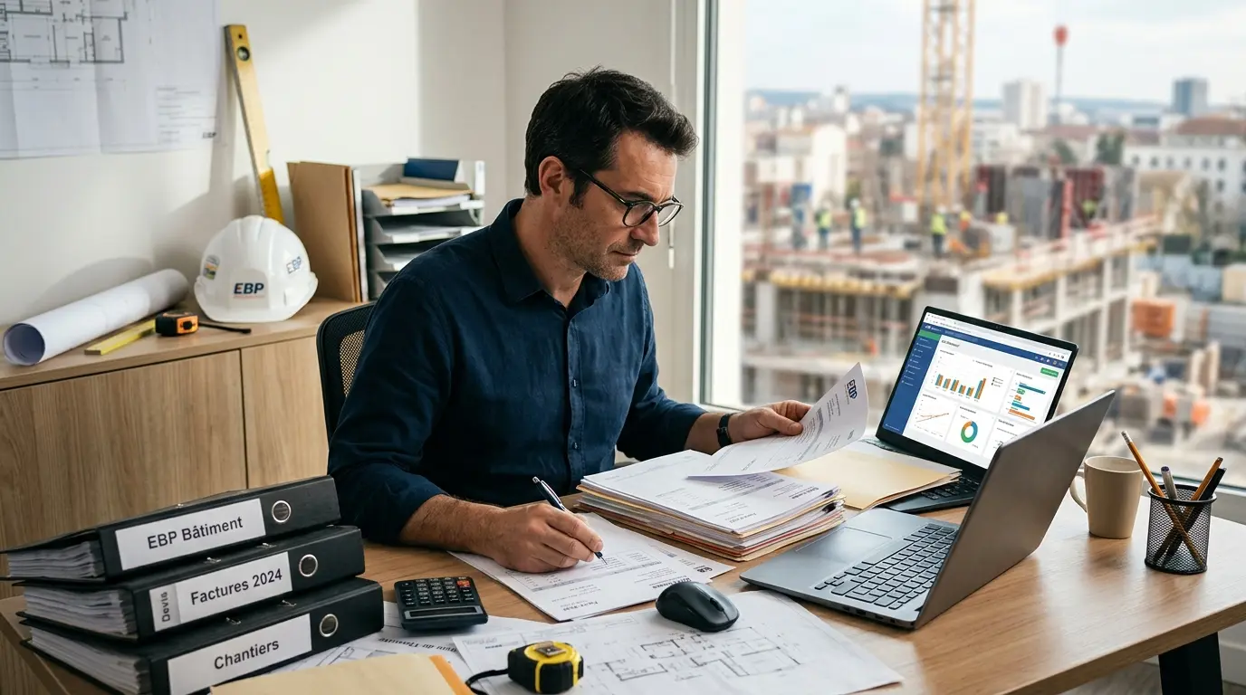Scène de bureau de construction avec un gestionnaire examinant des documents EBP Bâtiment, outils et chantier en arrière-plan.