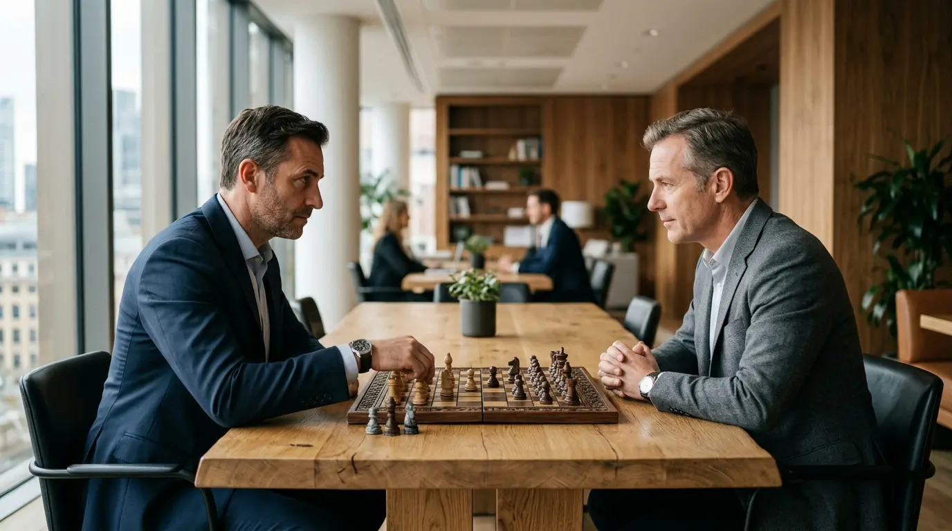 Deux concurrents en affaires analysent un plateau stratégique, illustrant l'équilibre de Nash dans une négociation tendue.