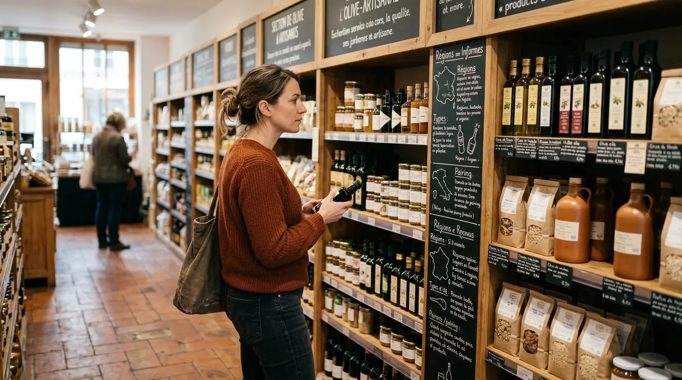 Client observant un présentoir informatif sur l'ilv def dans un rayon bien organisé d'un magasin français.