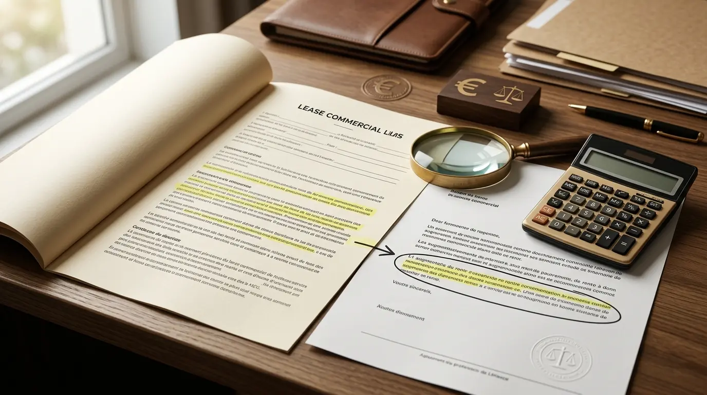 Document de bail commercial moderne avec une lettre d'augmentation de loyer, calculatrice et symboles financiers, évoquant l'indice cout de la construction bail commercial.