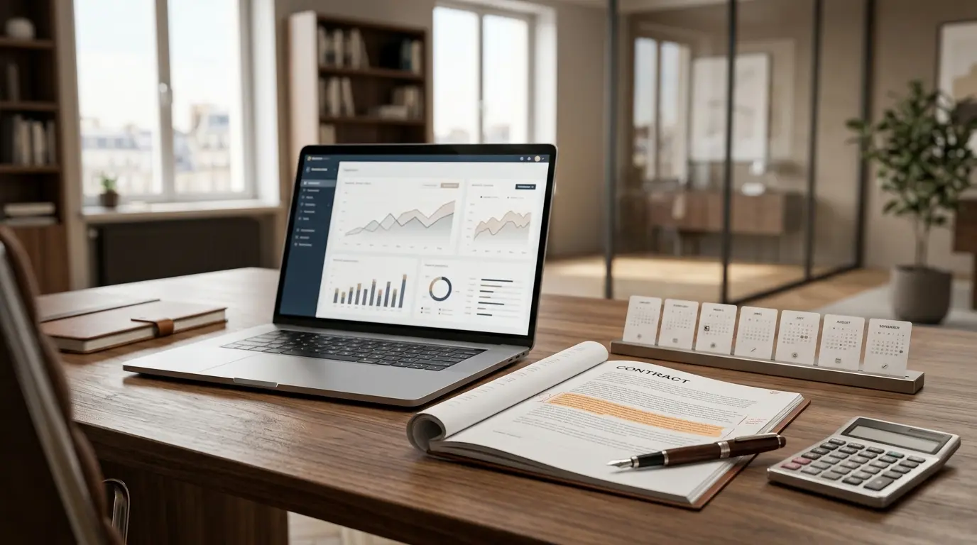 Bureau moderne avec ordinateur et contrat, illustrant l'indice syntec insee pour la révision des prix.