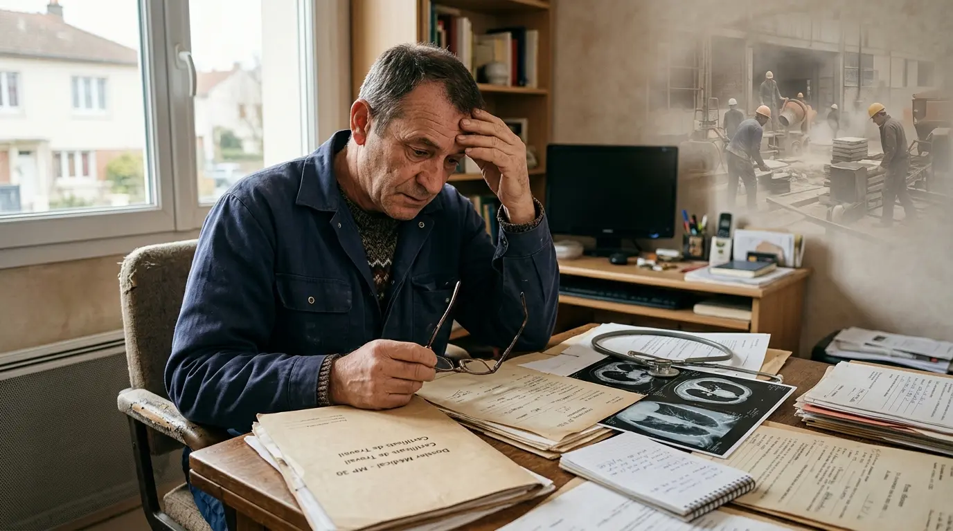 Ancien travailleur inquiet examinant des documents sur la maladie professionnelle amiante dans un bureau modeste.