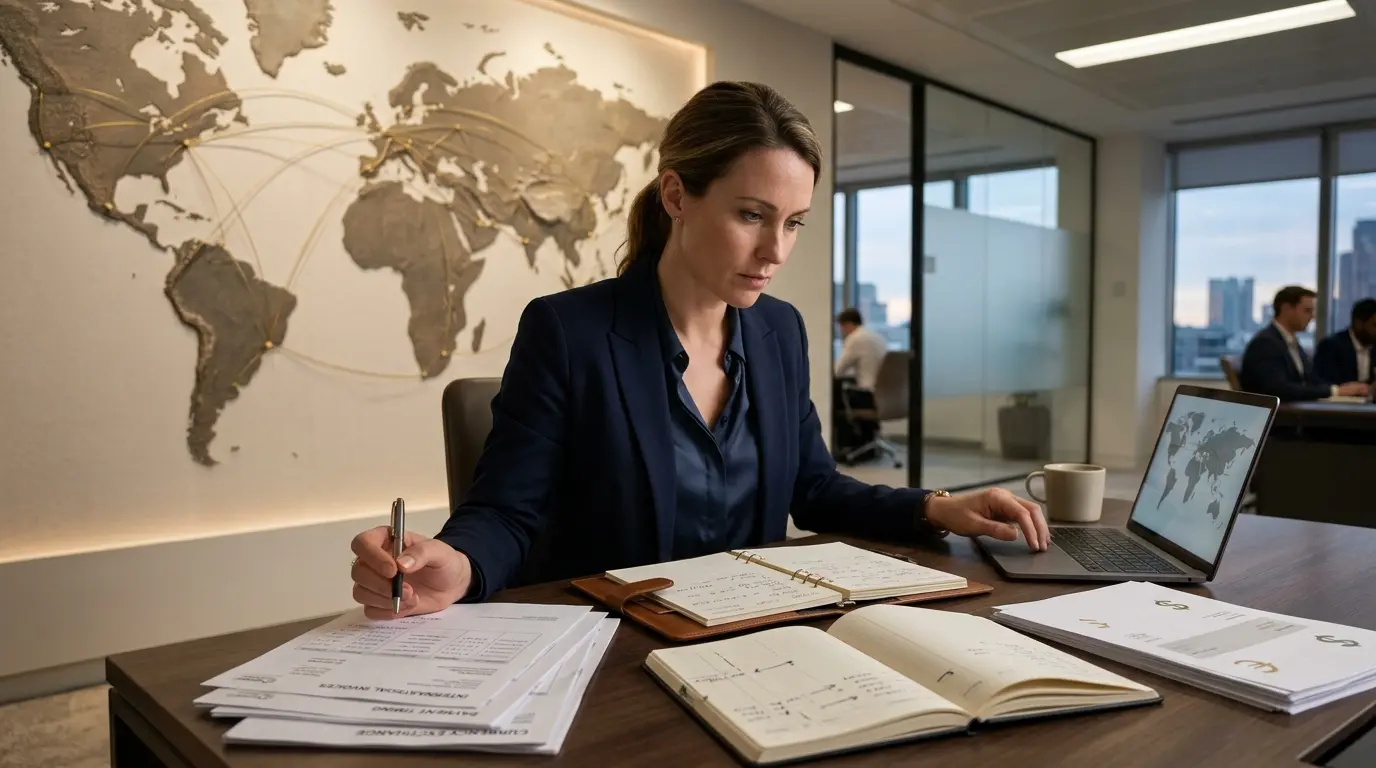 Couverture d'article sur le marché des changes forex, un dirigeant examine des factures internationales sur un bureau élégant.