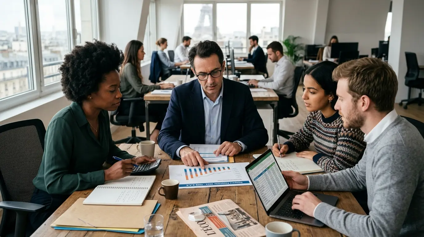 Couverture d'article sur le partage de la valeur ajoutée, avec un manager et une équipe diverse analysant des graphiques financiers.
