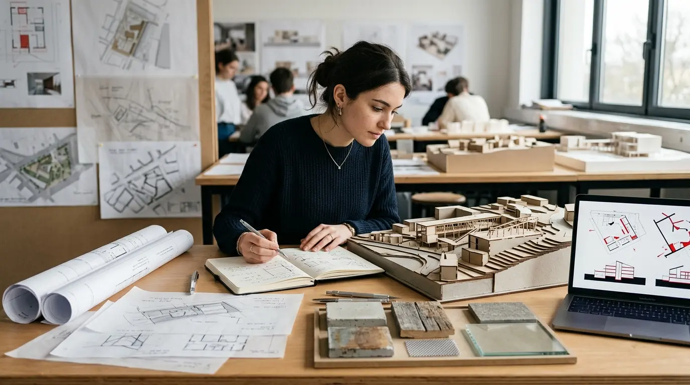 Couverture d'un projet de pfe architecture avec maquette, plans, et étudiant en studio, ambiance professionnelle et minimaliste.