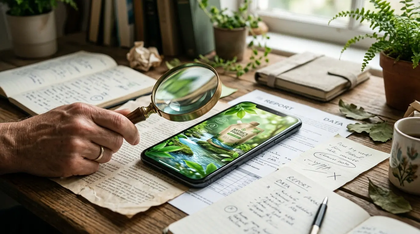 Close-up d'une pub greenwashing sur un écran, avec une loupe et des notes sur un bureau, symbolisant la véracité des promesses écologiques.