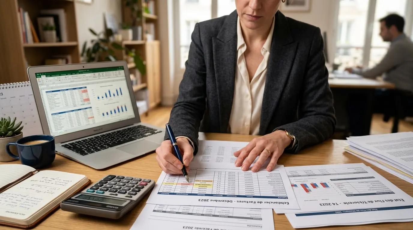 Professionnel examine des documents financiers, illustrant que veut dire influence sur la gestion de trésorerie.