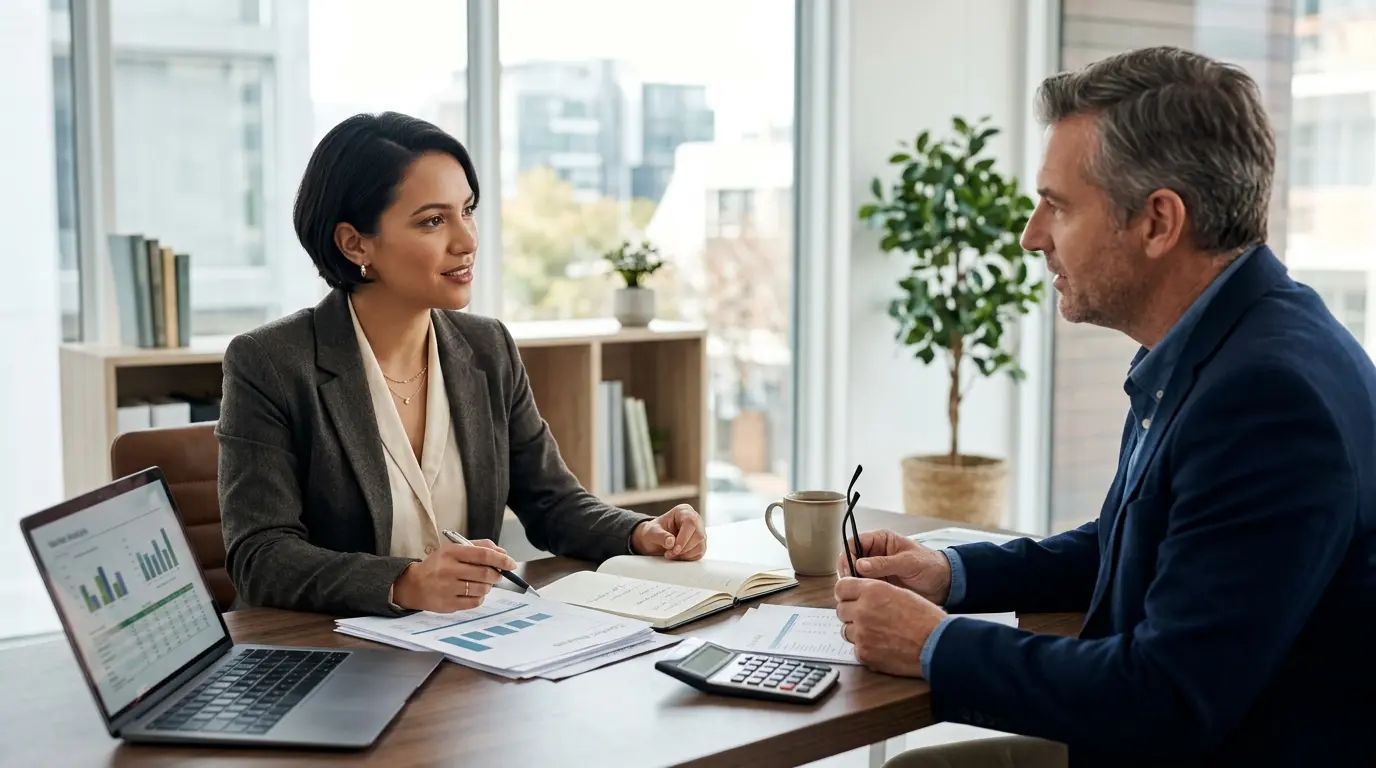 Professionnel en négociation salariale discutant de quelle augmentation de salaire demander dans un bureau moderne, documents en main.