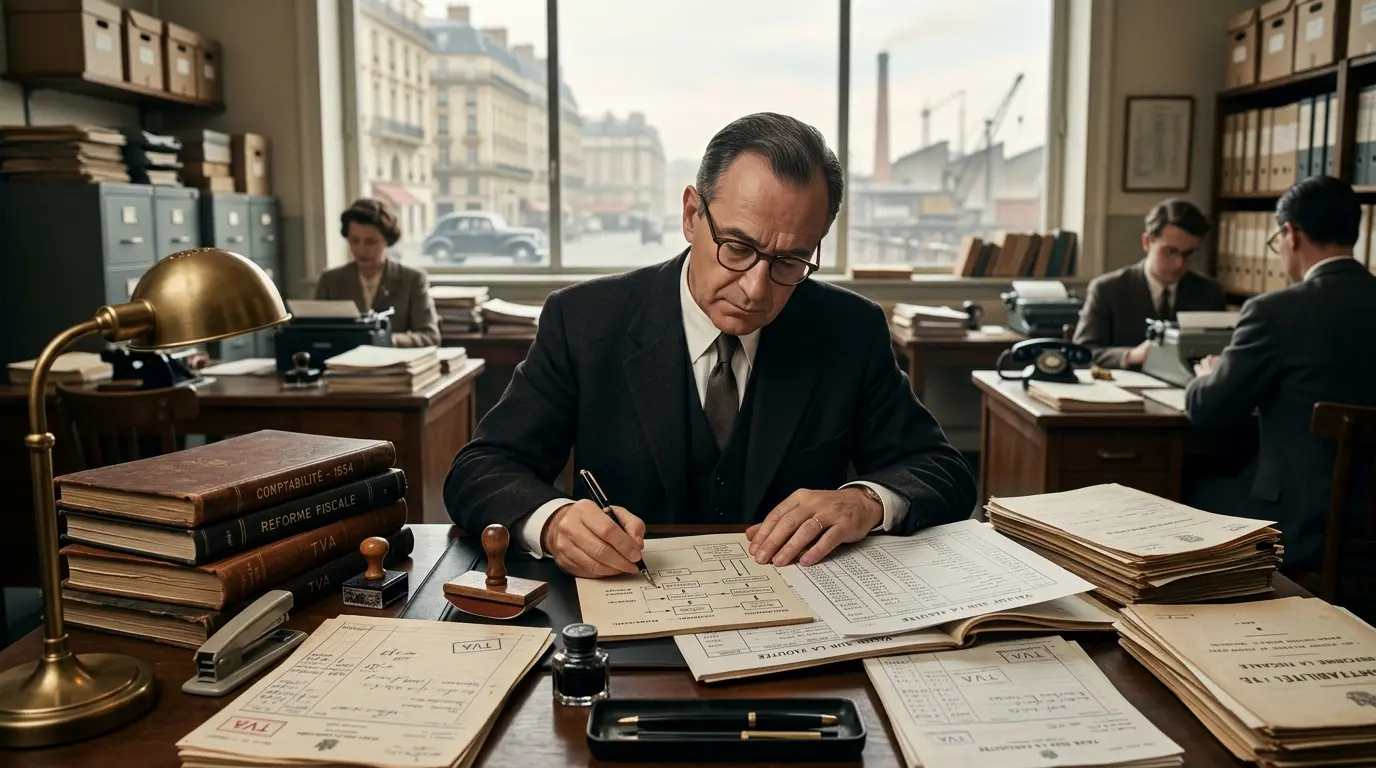 Scène de bureau des années 1950 avec un fonctionnaire français, documents fiscaux et références à qui a crée la tva.