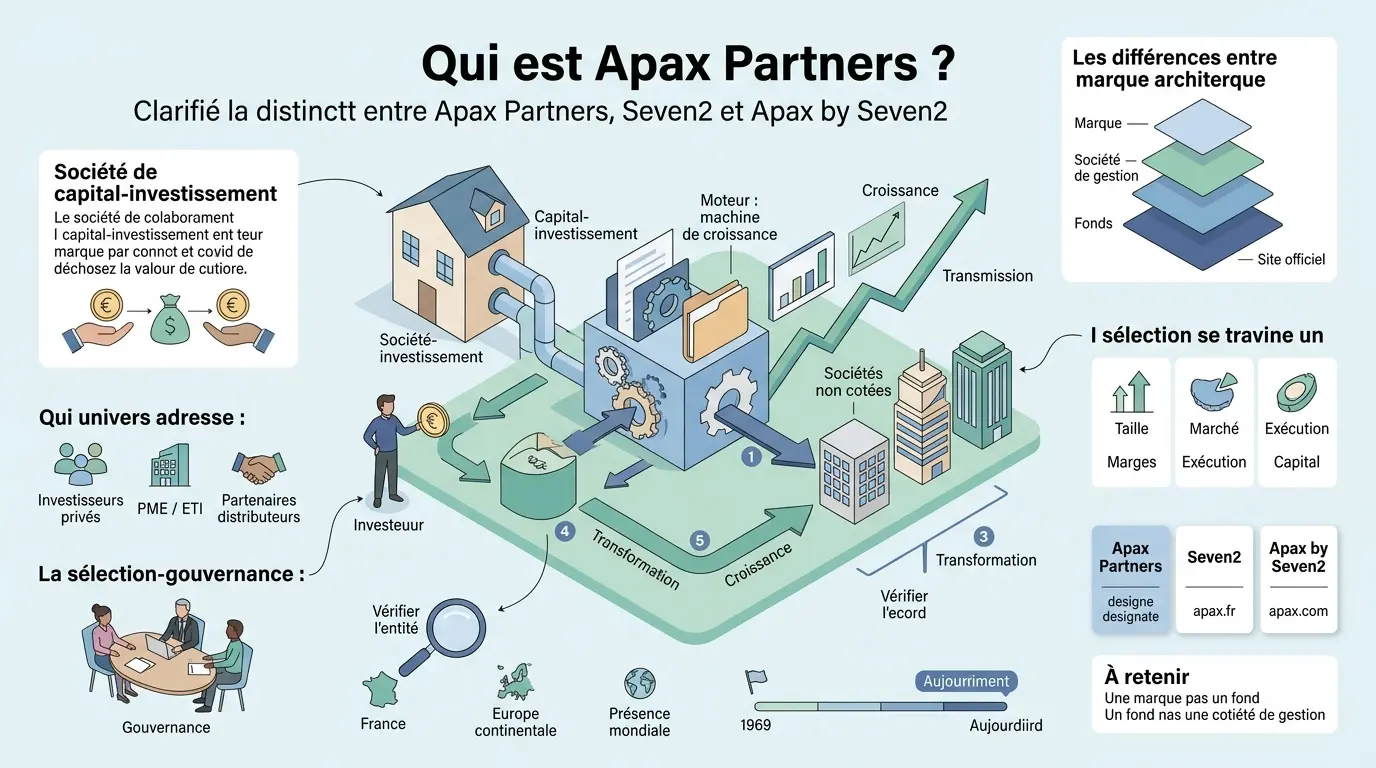 Infographie éducative sur Apax Partners, illustrant le capital-investissement et la distinction entre Apax, Seven2 et Apax by Seven2.
