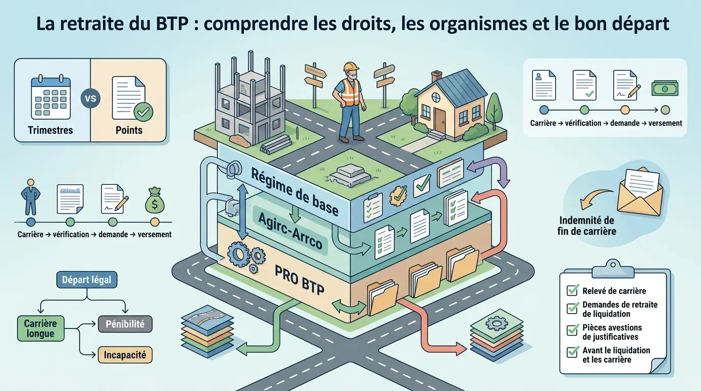 Infographie éducative sur btp retraite, illustrant les droits, organismes et étapes clés pour un départ réussi.