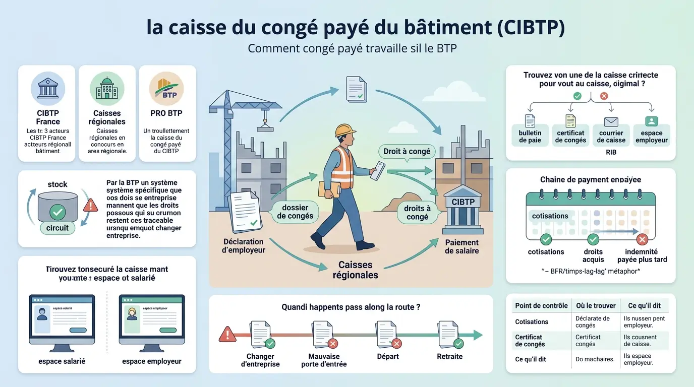 Infographie éducative sur la caisse du congé payé du bâtiment, illustrant le processus de congés et les acteurs clés.