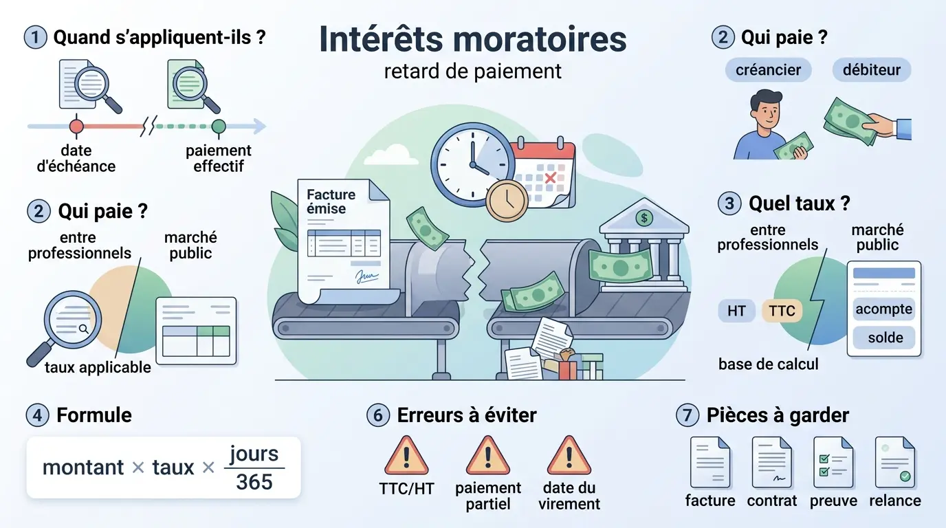 Infographie éducative sur le calcul des interet moratoire, illustrant le retard de paiement et les éléments clés à considérer.