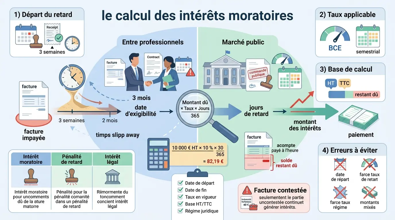 Infographie éducative sur le calcul interets moratoires, illustrant les délais et taux pour factures impayées avec des exemples clairs.