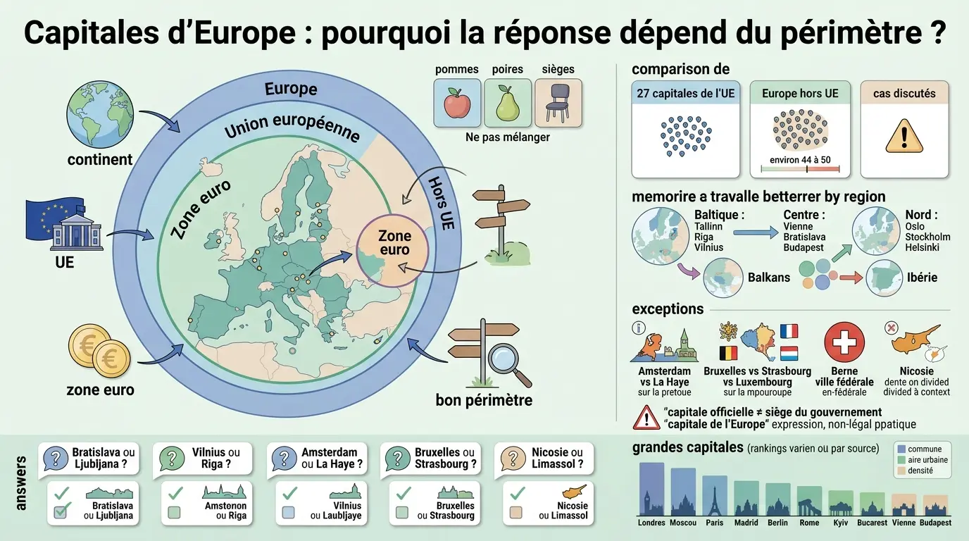 Infographie éducative sur les capitales d'Europe, montrant les périmètres variés et les exceptions, avec des illustrations claires.