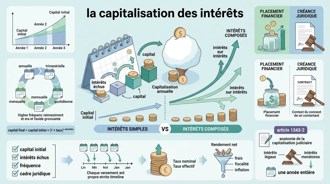 Infographie éducative illustrant la capitalisation des intérêts avec un calendrier-mécanisme et des comparaisons visuelles.