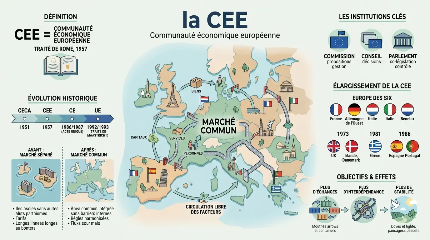 Infographie éducative sur la CEE EU, illustrant le marché commun, les échanges et les institutions européennes en visuels clairs.