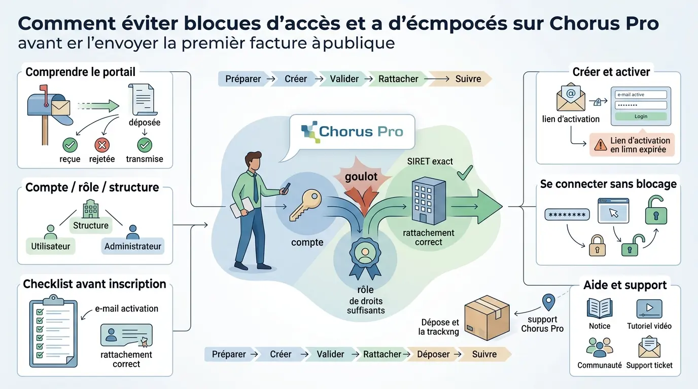 Infographie éducative illustrant les étapes pour éviter les blocages d'accès au chorus pro compte avant d'envoyer une facture.