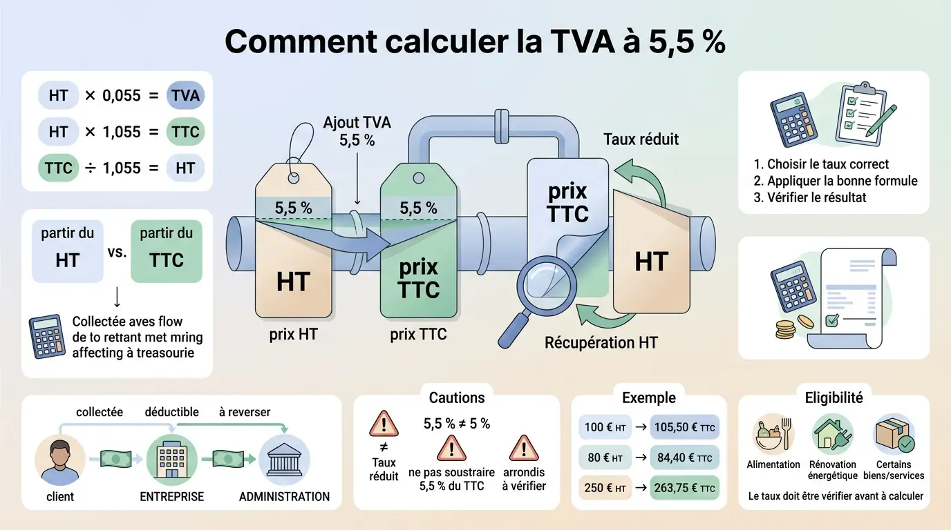 Infographie pédagogique illustrant comment calculer tva 5.5 avec des exemples, formules et mises en garde sur la TVA.