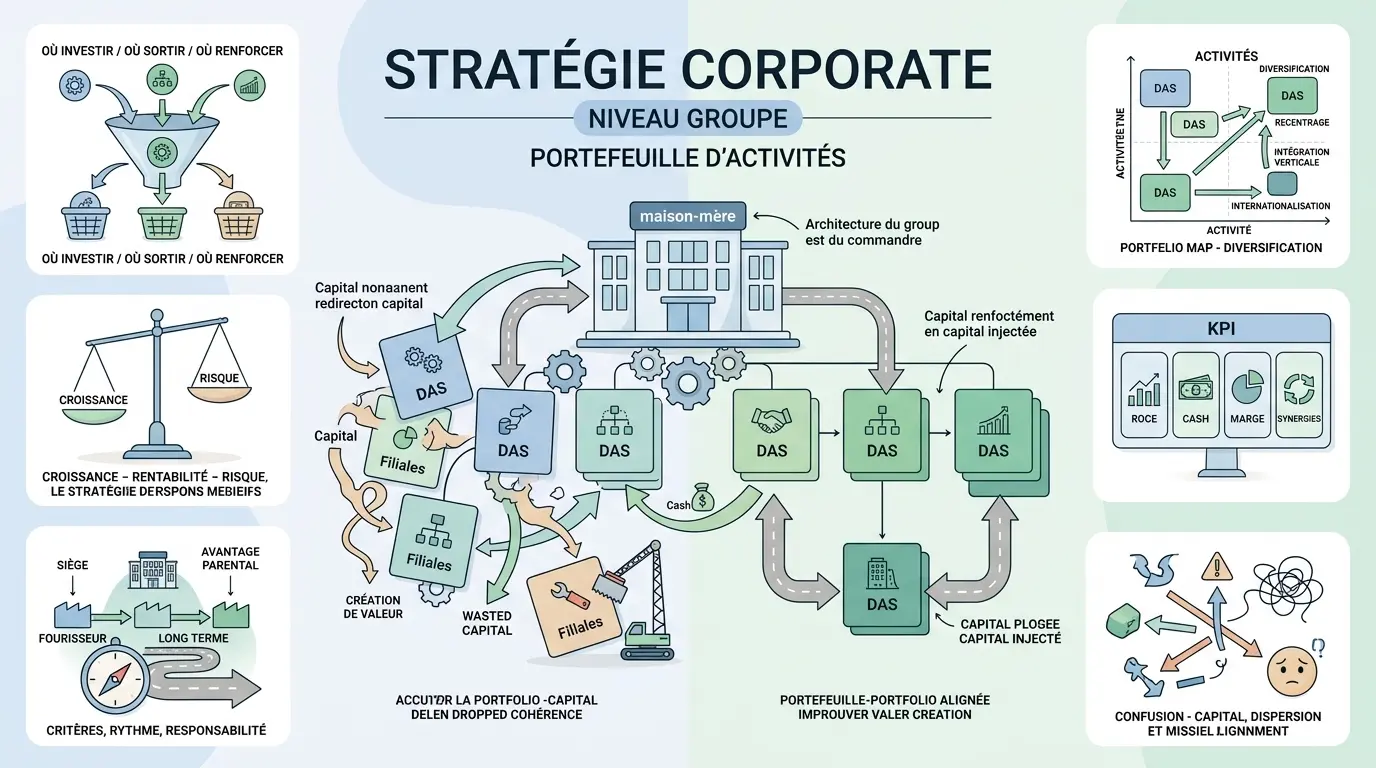 Infographie pédagogique sur la corporate stratégie, illustrant un portefeuille d'activités optimisé et des décisions d'investissement.