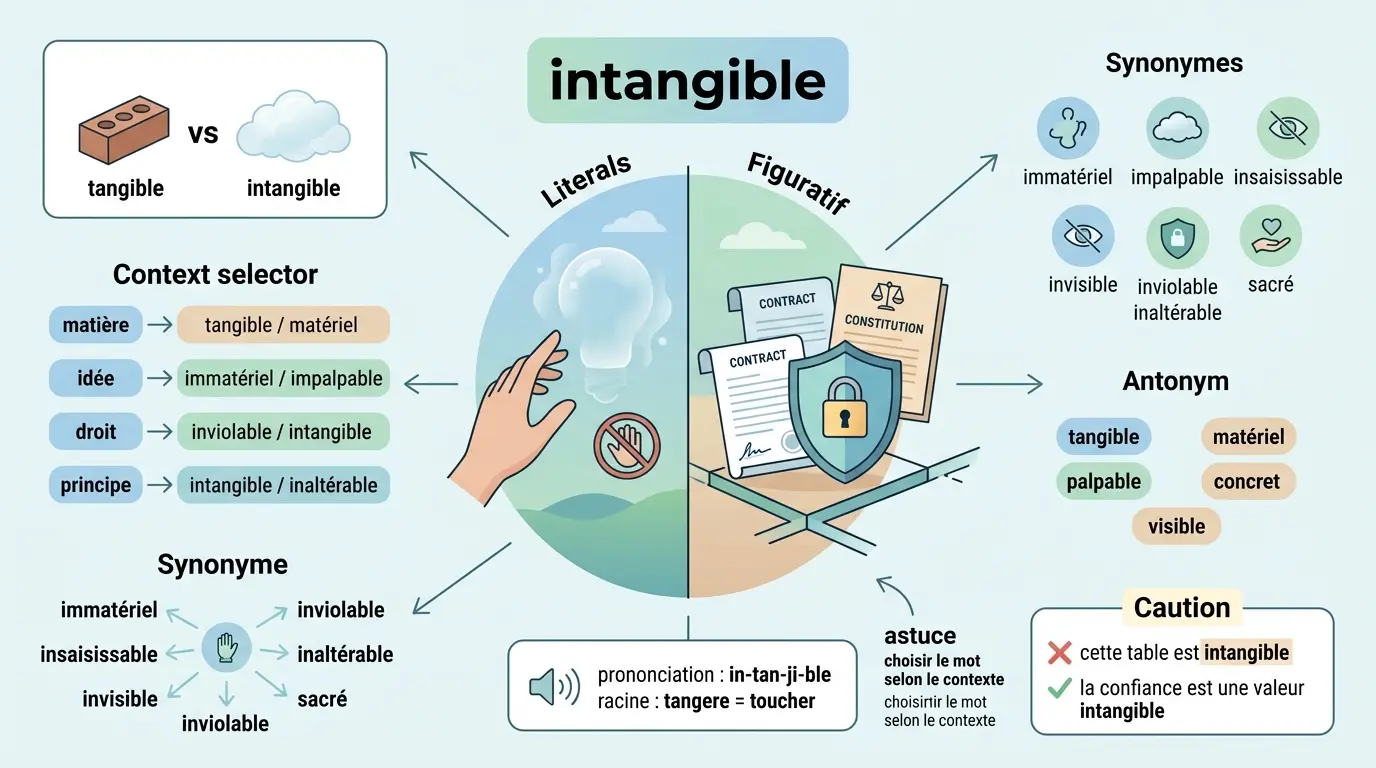 Infographie éducative illustrant la définition intangible avec contrastes visuels entre idées impalpables et principes juridiques.