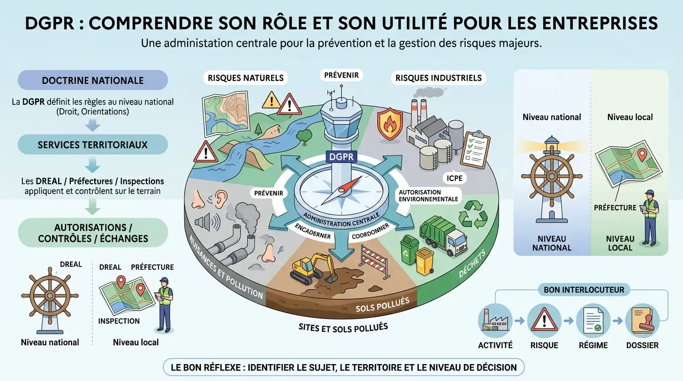 Infographie éducative sur le dgpr, illustrant son rôle dans la gestion des risques environnementaux et administratifs.