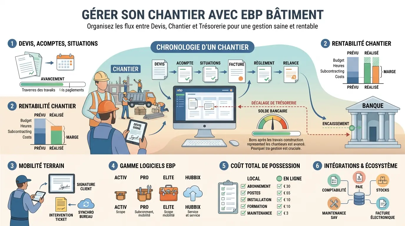 Infographie éducative sur ebp bâtiment, illustrant la gestion des devis, acomptes, factures et trésorerie sur un chantier.