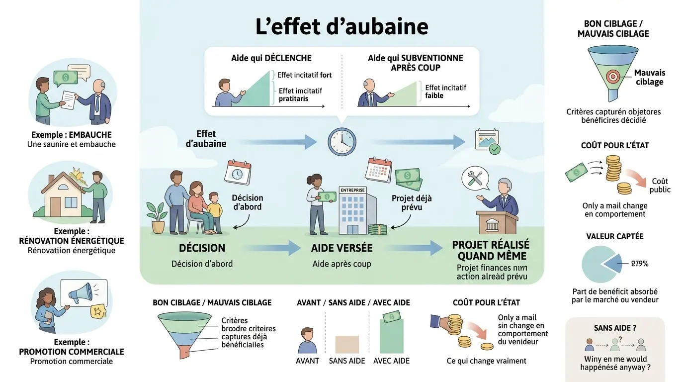 Infographie pédagogique illustrant l'effet d'aubaine avec décision, aide, et projet réalisé, incluant exemples et comparaisons.