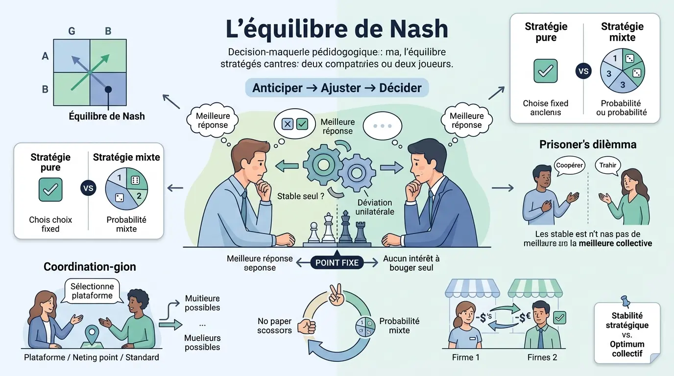 Infographie éducative illustrant l'équilibre de Nash avec des acteurs en jeu stratégique, réactions et points fixes.