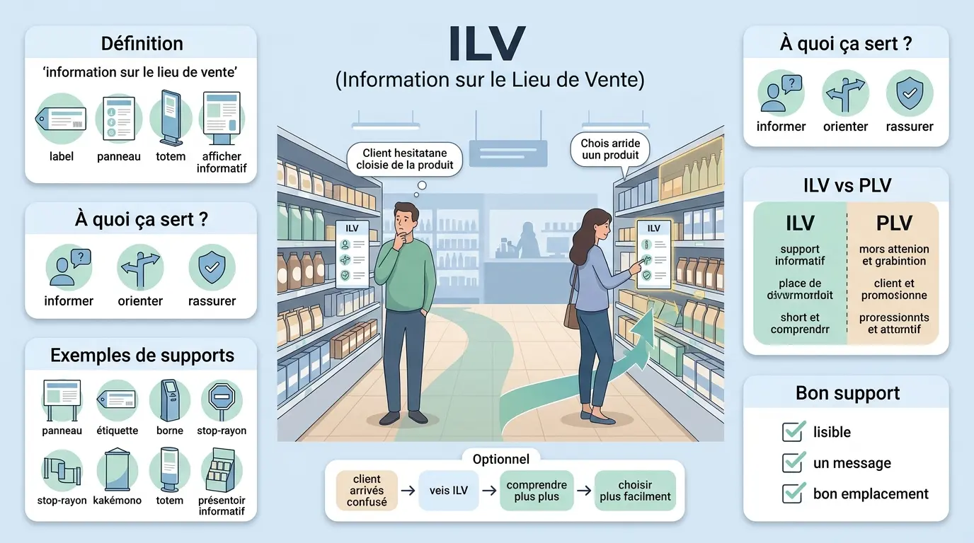 Infographie éducative sur ilv def, présentant son rôle en magasin, comparé à la PLV, avec des illustrations claires et des étiquettes.
