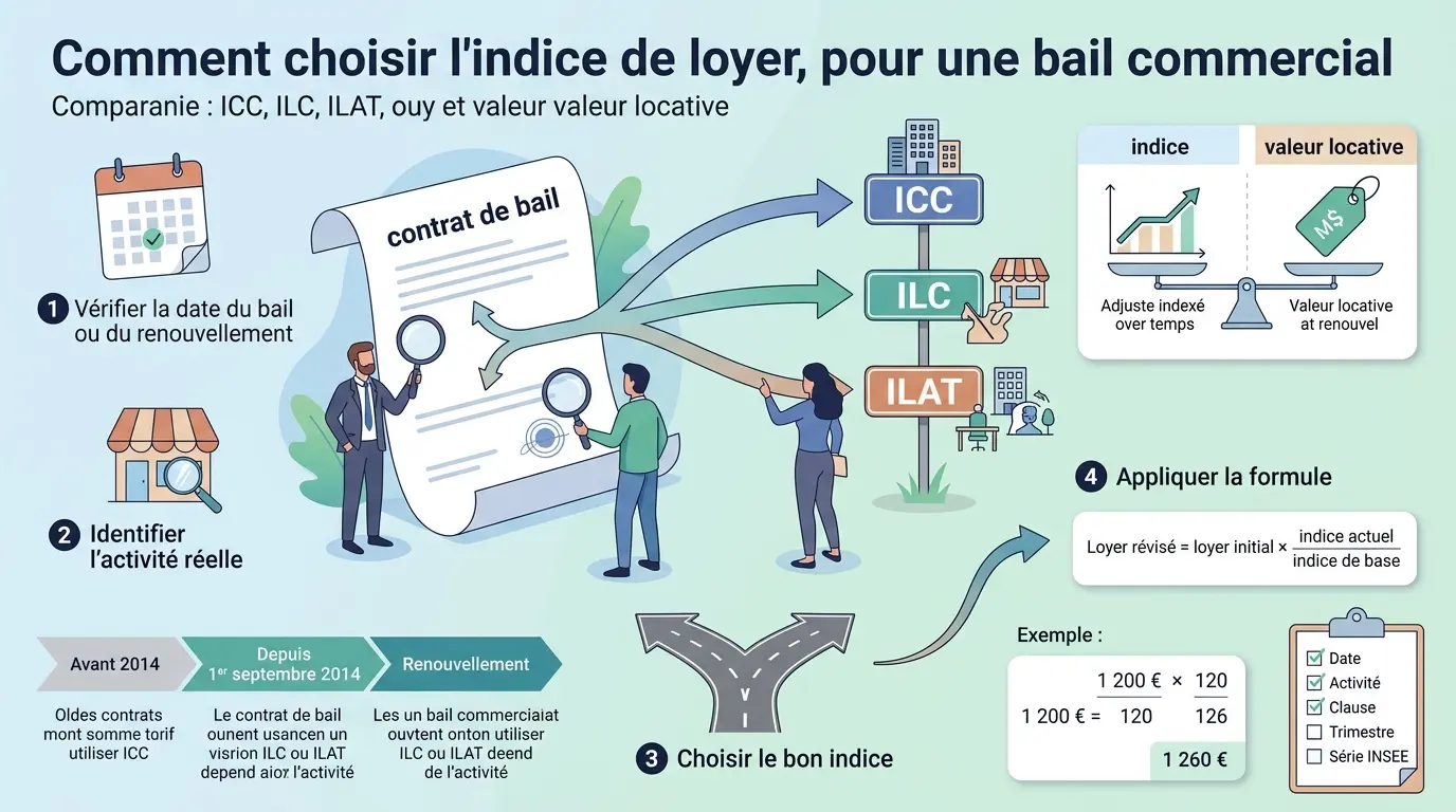Infographie éducative sur l'indice cout de la construction bail commercial, illustrant le choix entre ICC, ILC, ILAT et valeur locative.