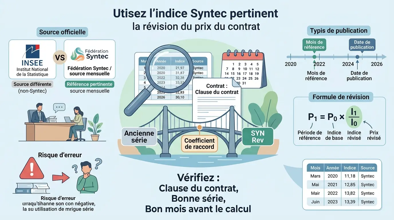 Infographie éducative sur l'indice syntec insee, montrant la révision des prix de contrat avec des métaphores visuelles.