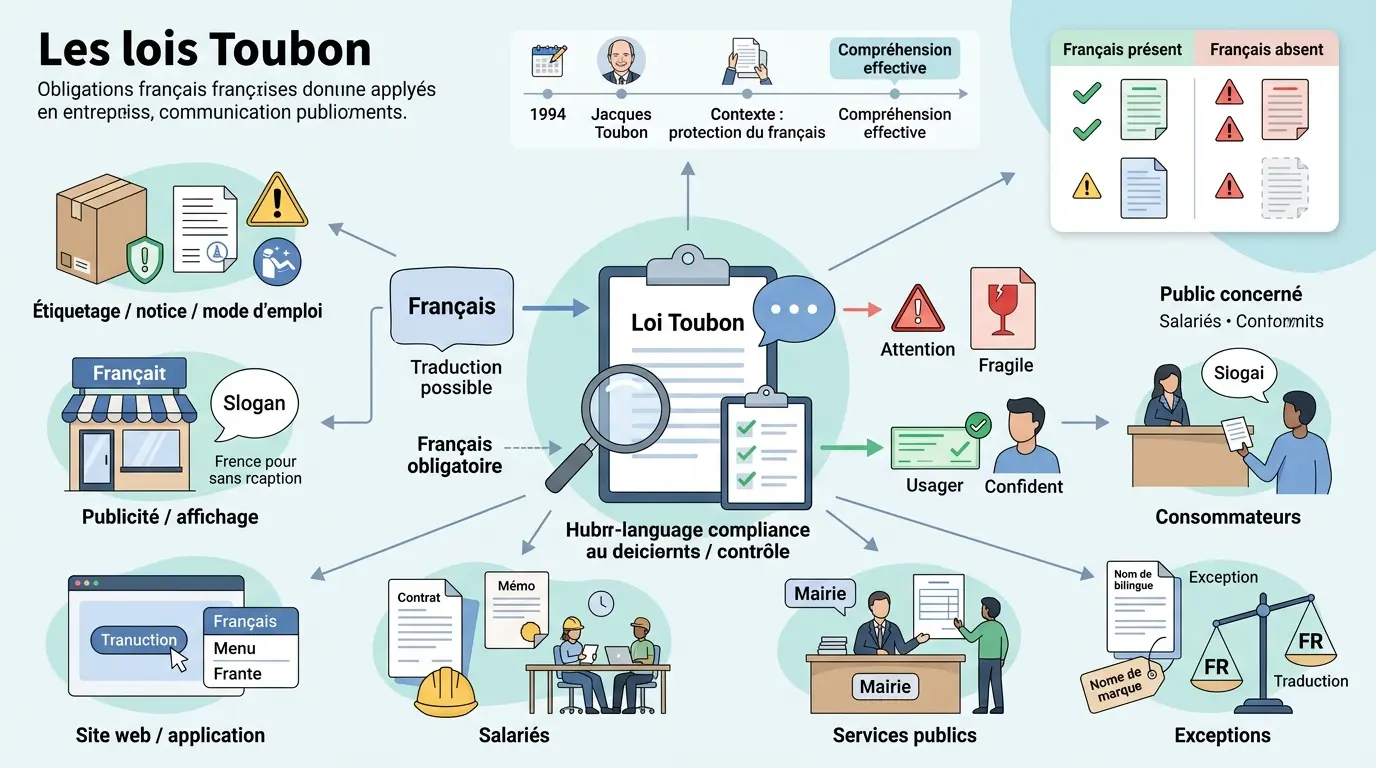 Infographie éducative sur les lois toubon, illustrant les obligations linguistiques en entreprise et communication publique.