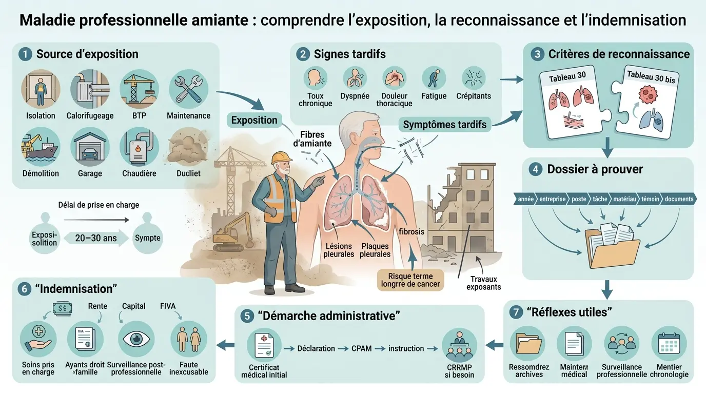 Infographie éducative sur la maladie professionnelle amiante, montrant l'exposition aux fibres, symptômes, reconnaissance et indemnisation.