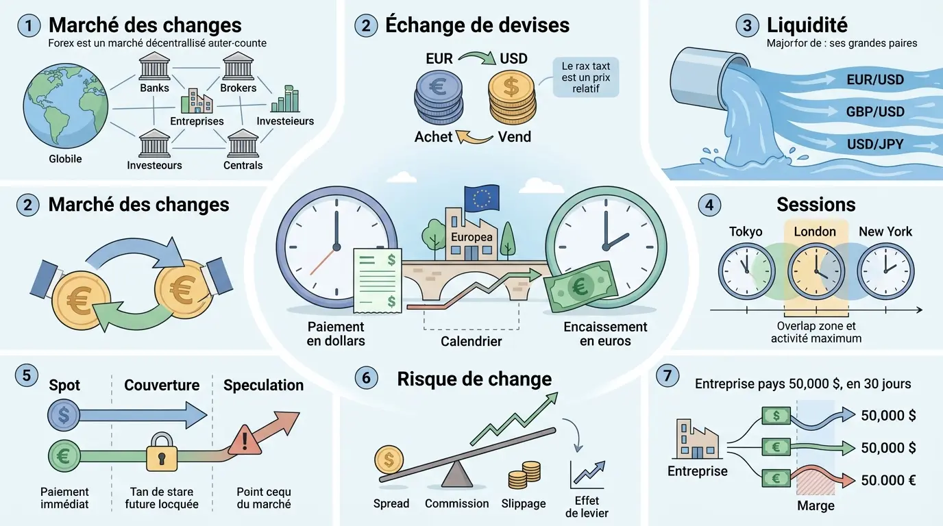 Infographie éducative sur le marché des changes forex, illustrant les risques de change pour une entreprise exportatrice.