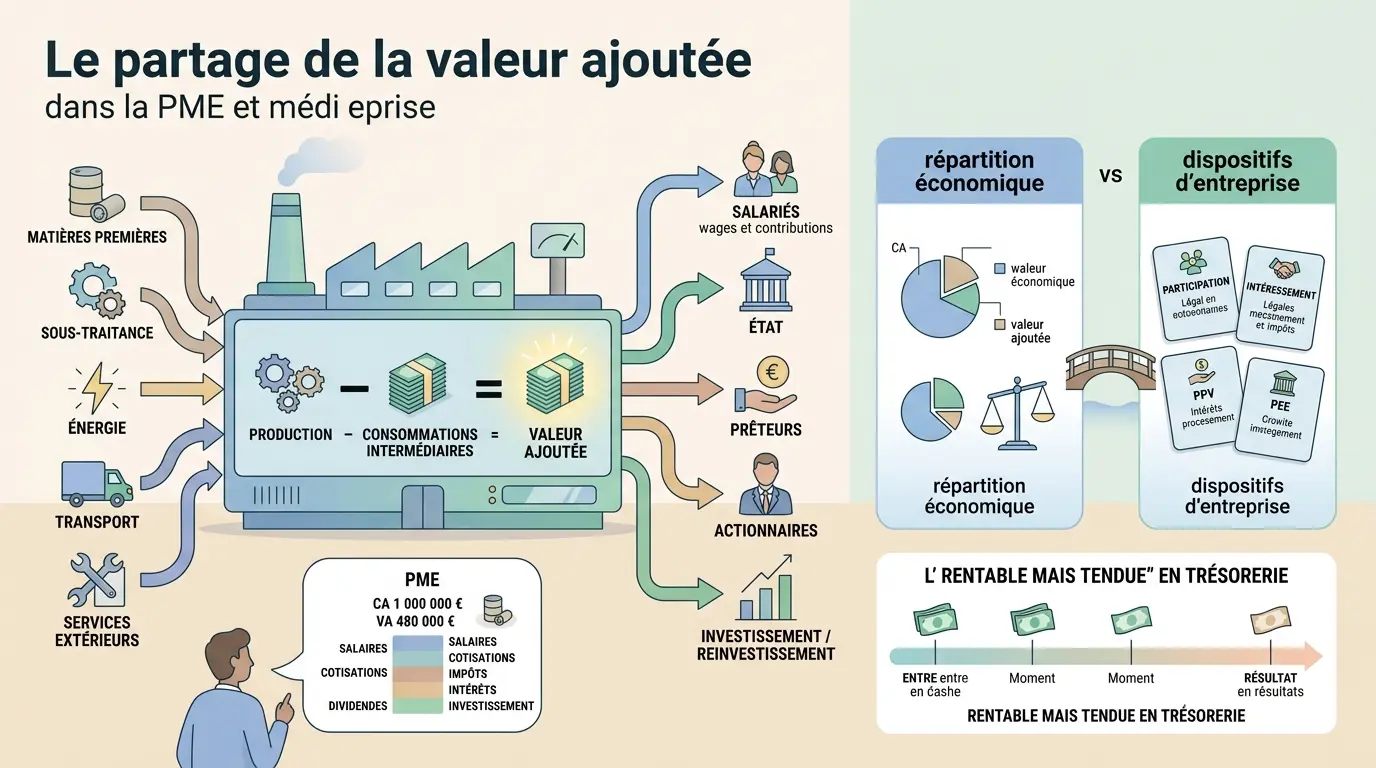 Infographie éducative sur le partage de la valeur ajoutée, illustrant la transformation des ressources en richesse pour une PME.